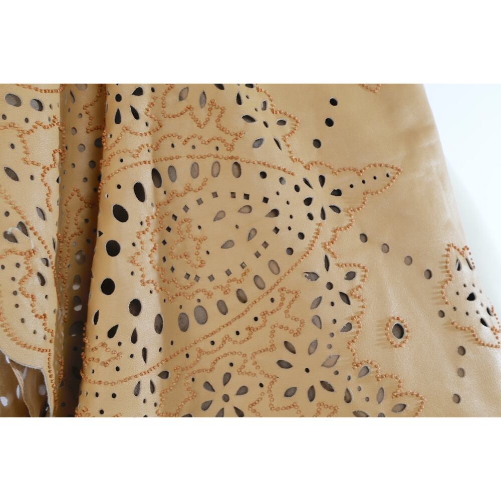 Vintage Oscar de la Renta Tan Leather Laser Cut Eyelet Paisley Pencil Skirt Sz 2 - Picture 2 of 12
